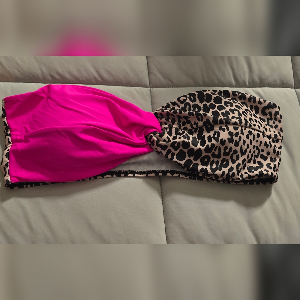 SHEIN Pink & Leopard Print Bandeau Bikini Top